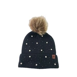 Lucky Brand Black Beanie with Faux Fur Pom
